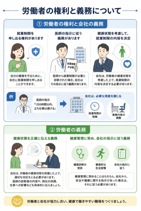 労働者の権利と義務を説明する図。労働者は健康を守るため会社に就業制限を申し出る権利があり、医師の診断がある場合、会社は健康状態を考慮して就業時間の短縮や業務内容の調整など必要な措置を講じる。労働者には、診断書の内容や体調、仕事への影響を正確に伝え、健康診断の受診や会社の安全・健康に関する指示に従う義務がある。