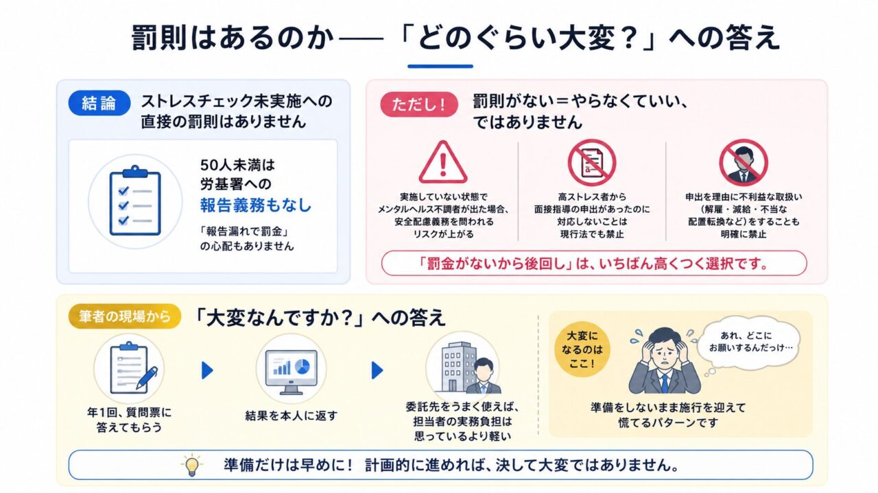 ストレスチェック未実施への直接の罰則はないが、罰則がないから後回しにしてよいわけではないことを説明した図。50人未満では労基署への報告義務もない一方、未実施のままメンタルヘルス不調者が出ると安全配慮義務を問われるリスクが高まり、面接指導の申出への未対応や不利益取扱いは禁止されている。年1回の質問票、結果返却、委託先活用により実務負担は軽くできるため、早めの準備が重要だと示している。