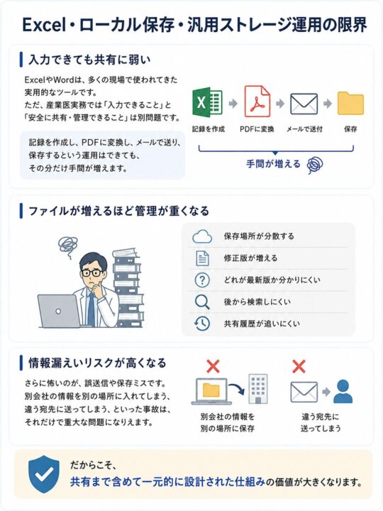 Excelやローカル保存、汎用ストレージ運用では、入力はできても共有・管理に手間がかかる。ファイル増加による最新版の不明確化や検索性の低下、誤送信・保存ミスによる情報漏えいリスクを示した図。
