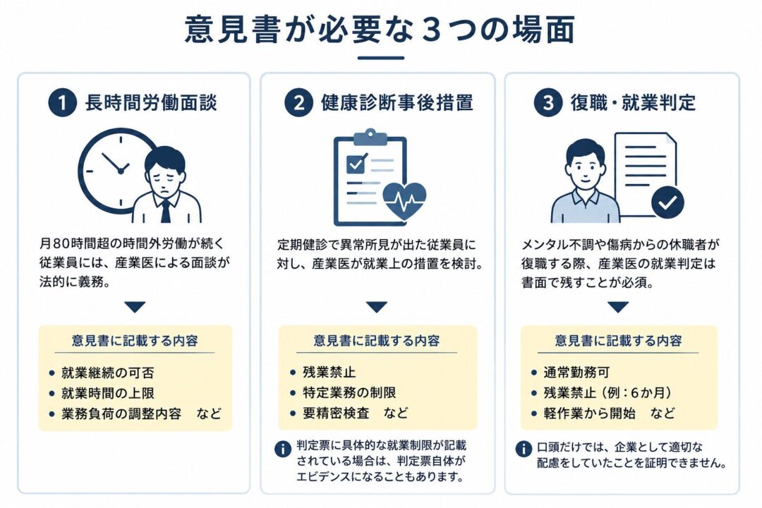 産業医の意見書が必要な3つの場面を示した図。長時間労働面談では就業継続の可否・就業時間の上限・業務負荷の調整、健康診断事後措置では残業禁止・特定業務の制限・要精密検査、復職・就業判定では通常勤務可・残業禁止・軽作業から開始などを意見書に記載することを整理している。
