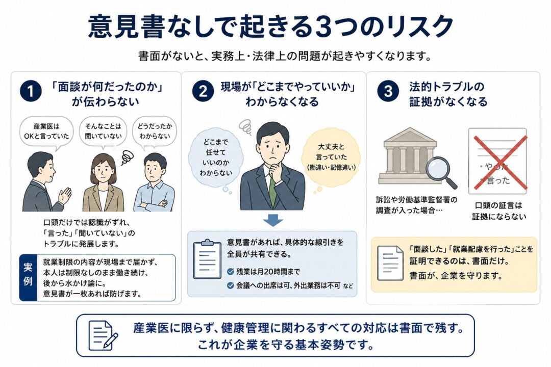 意見書を作成しない場合に起きる3つのリスクを示した図。面談内容が関係者に正しく伝わらない、現場が就業制限の範囲を判断できない、法的トラブル時に証拠が残らないという問題を整理し、健康管理に関する対応は書面で残すことが企業を守る基本姿勢であると説明している。