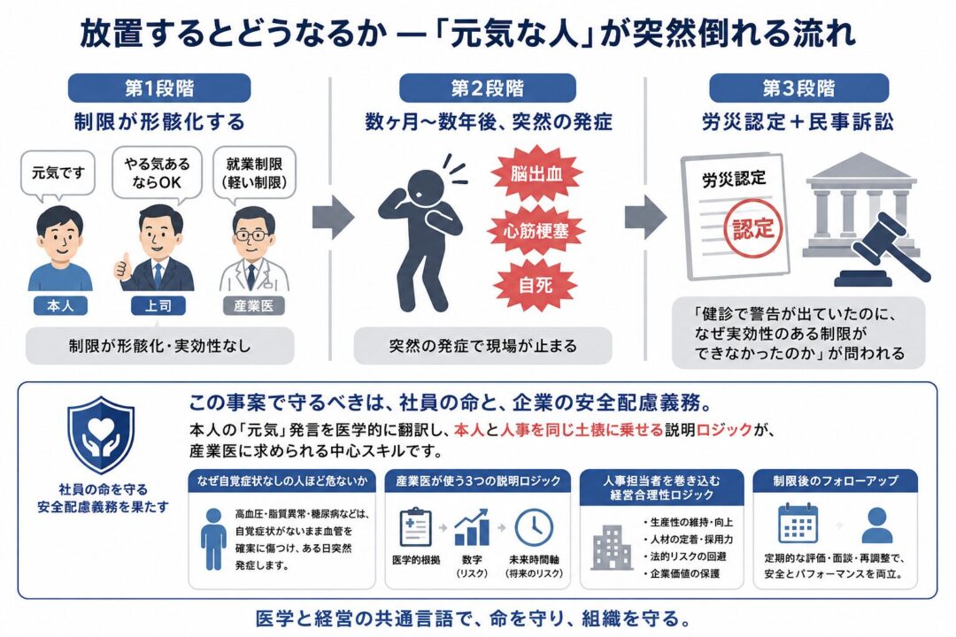 産業医の就業制限が形骸化した場合、「本人は元気と言う」「上司が勤務継続を認める」「制限が実効性を失う」という第1段階から、数ヶ月〜数年後に脳出血・心筋梗塞・自死などで現場が止まる第2段階、さらに労災認定や民事訴訟で安全配慮義務が問われる第3段階へ進む流れを示した図解。社員の命と企業を守るため、本人の「元気」を医学的に翻訳し、人事と同じ土俵で説明する重要性を強調している。