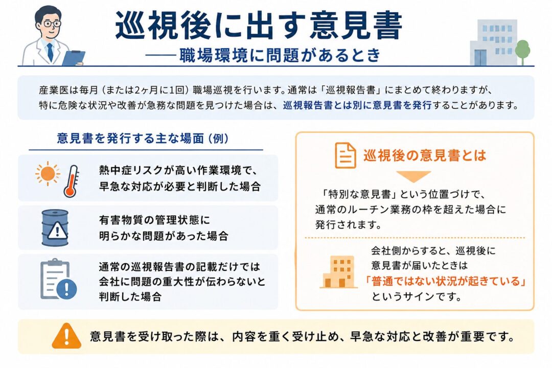 産業医の勧告書は、意見書よりも強い最終手段の文書。会社方針に問題がある、改善されない、従業員に重大な健康被害の恐れがある場合に発行される。法的根拠は労働安全衛生法第13条第5項で、会社は衛生委員会への報告が必要。無視すると労災、訴訟、業務停止、倒産リスクにつながるため、経営層を交えた速やかな対応が必要。