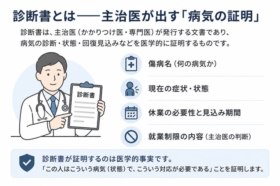 診断書は主治医が発行する病気の証明書で、傷病名、現在の症状、休業の必要性と見込み期間、就業制限の内容など、医学的事実を証明する文書であることを示した図。