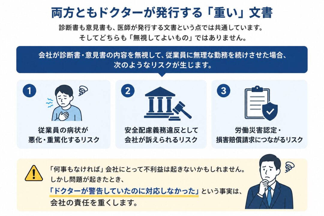 診断書と意見書はどちらも医師が発行する重要文書であり、会社が内容を無視すると、従業員の病状悪化、安全配慮義務違反、労災認定や損害賠償請求につながるリスクがあることを示した図。