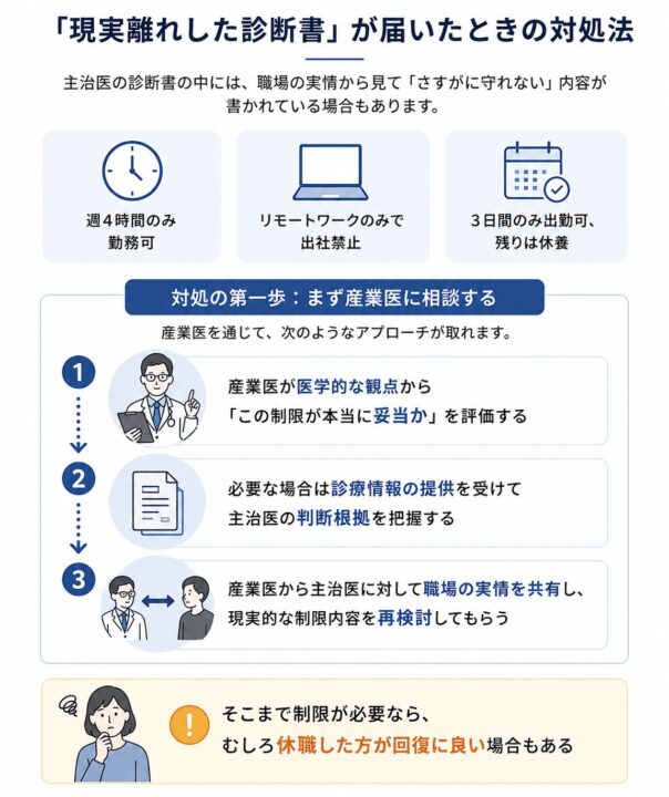 「現実離れした診断書」が届いたときは、まず産業医に相談する流れを示した図。週4時間のみ勤務可、リモートワークのみ、3日間のみ出勤可など、職場で対応が難しい診断書の例を挙げ、産業医が医学的妥当性を評価し、必要に応じて主治医の判断根拠を確認し、職場の実情を共有して現実的な制限内容を再検討してもらう手順を説明している。制限が強い場合は、休職の方が回復に良い場合もあると補足している。