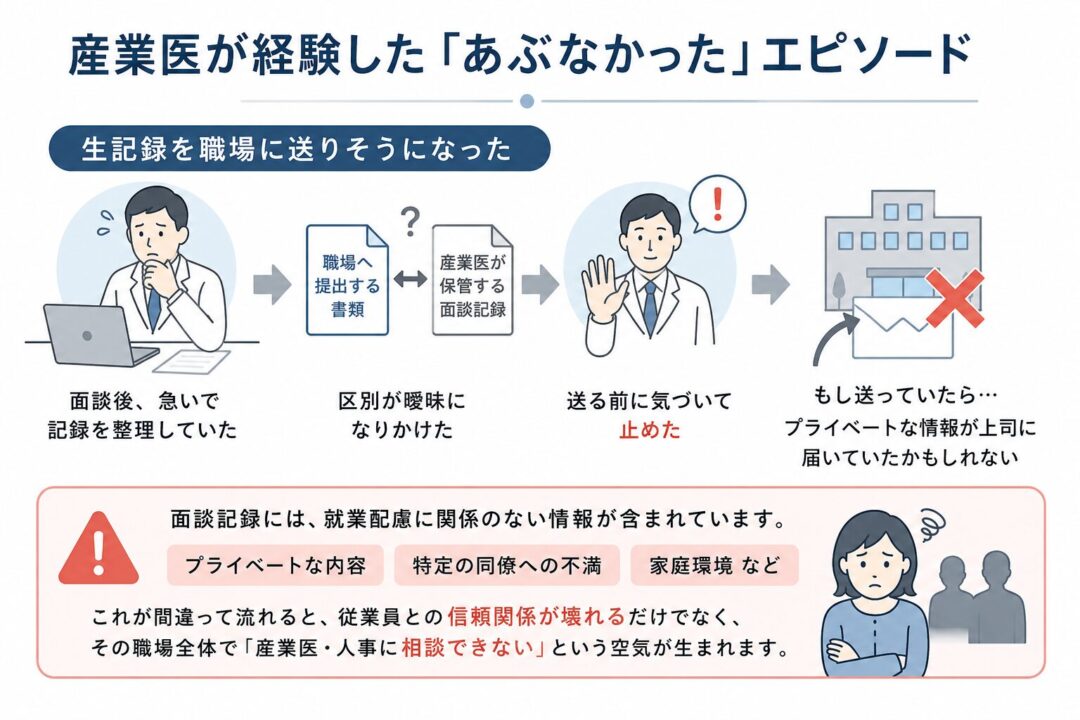 産業医が面談後に、生記録を職場へ送信しそうになったが直前で止めた流れを示す図。職場提出書類と産業医保管の面談記録は区別が必要で、プライベートな内容や同僚への不満、家庭環境など就業配慮に関係ない情報が漏れると、従業員との信頼関係や相談しやすい職場風土が損なわれることを警告している。