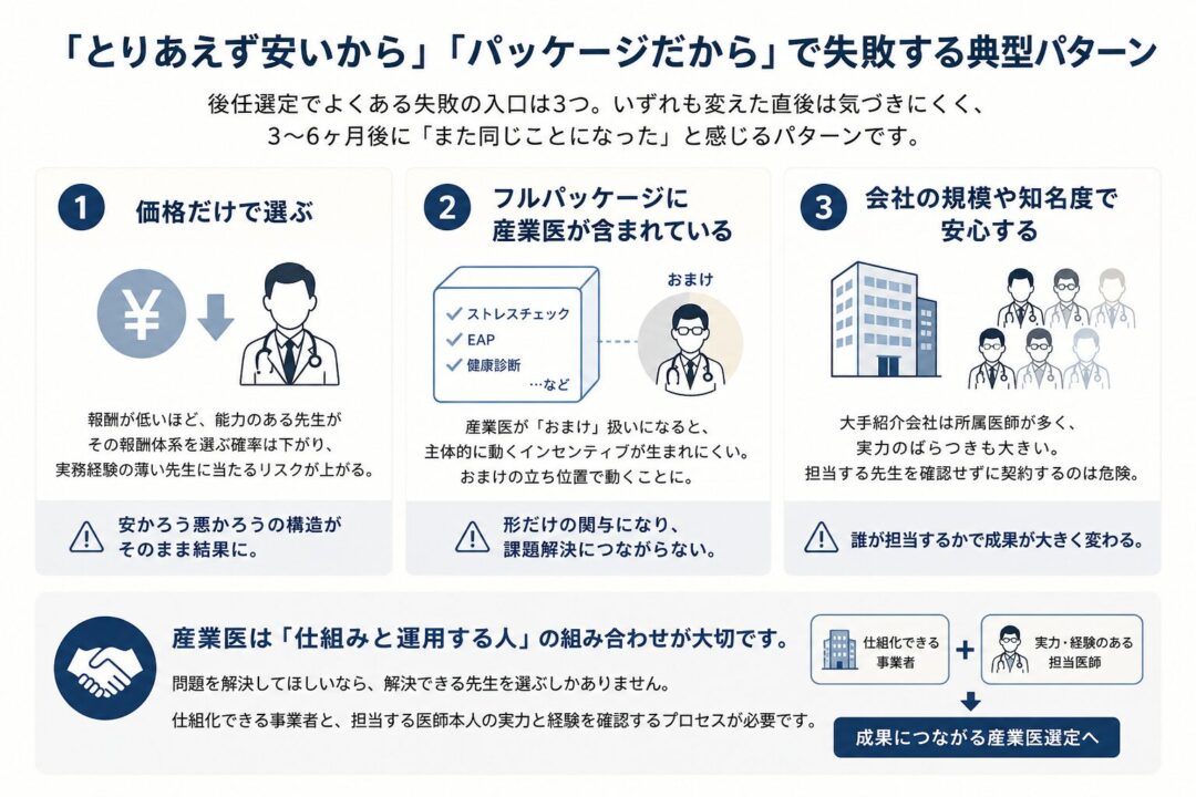 産業医の後任選定で失敗しやすい3つの典型パターンを説明した図。価格だけで選ぶ、フルパッケージに含まれる産業医を選ぶ、会社の規模や知名度だけで安心する、という3つのリスクを示し、産業医は仕組みと運用する人の組み合わせで選ぶことが重要だと伝えている。