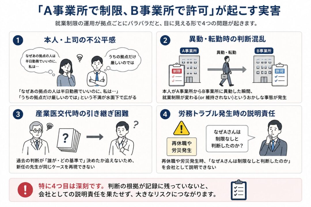 事業所ごとに就業制限の判断が異なることで起きる4つの実害を示した図。不公平感、異動時の混乱、産業医交代時の引き継ぎ困難、労務トラブル時の説明責任が整理され、特に判断根拠の記録不足が大きなリスクになることを強調している。