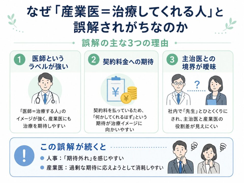 「産業医＝治療してくれる人」と誤解されがちな理由を説明する図解。医師というラベルの強さ、契約料金への期待、主治医との役割境界の曖昧さの3点を示し、誤解が続くと人事は期待外れを感じ、産業医は過剰な期待で消耗しやすいことをまとめている。