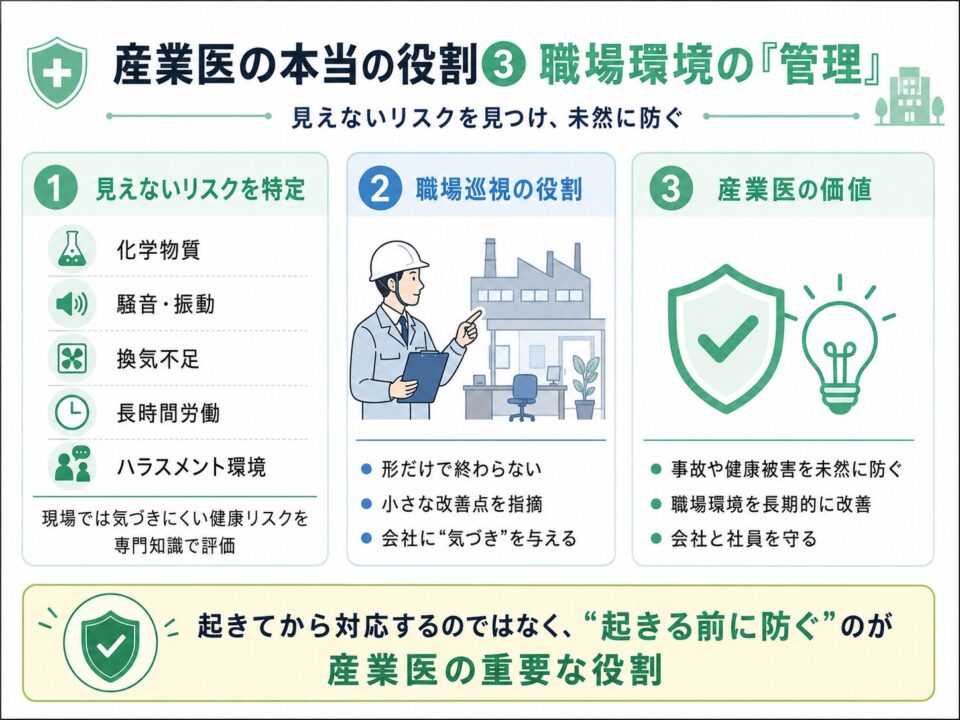 産業医が職場環境を管理する役割を説明した図解。化学物質、騒音・振動、換気不足、長時間労働、ハラスメント環境などの見えない健康リスクを専門知識で評価し、職場巡視を通じて改善点や気づきを会社に示すことで、事故や健康被害を未然に防ぐ重要性をまとめている。
