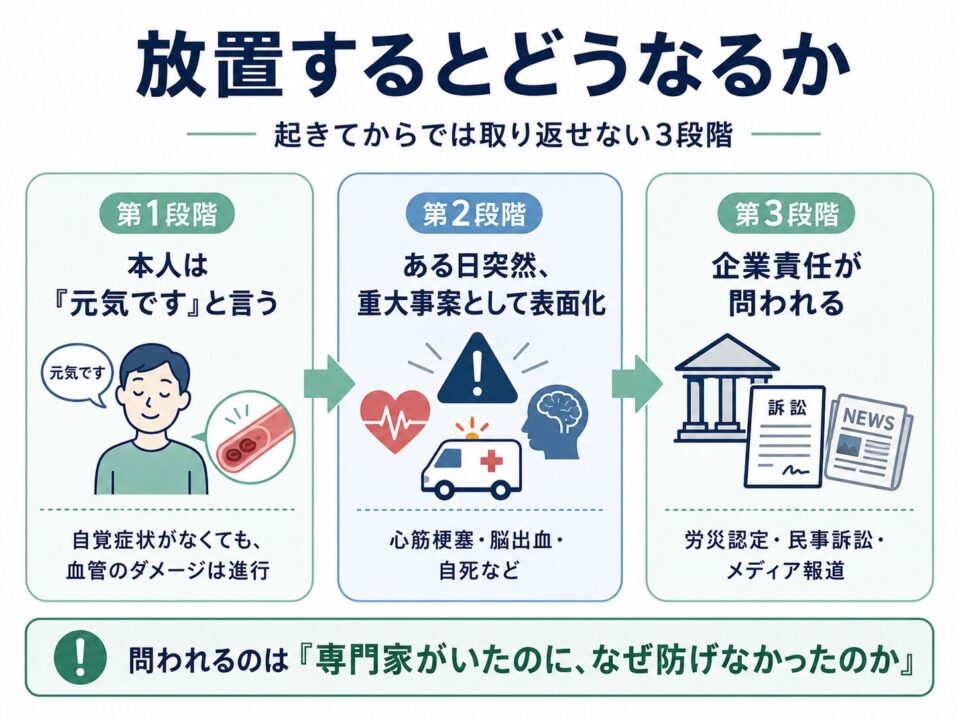 「放置するとどうなるか」をテーマに、過労リスクを放置した場合の3段階を示した図。第1段階では本人が「元気です」と言っていても血管ダメージが進行し、第2段階では心筋梗塞・脳出血・自死などの重大事案として表面化する。第3段階では労災認定、民事訴訟、メディア報道により企業責任が問われることを示している。