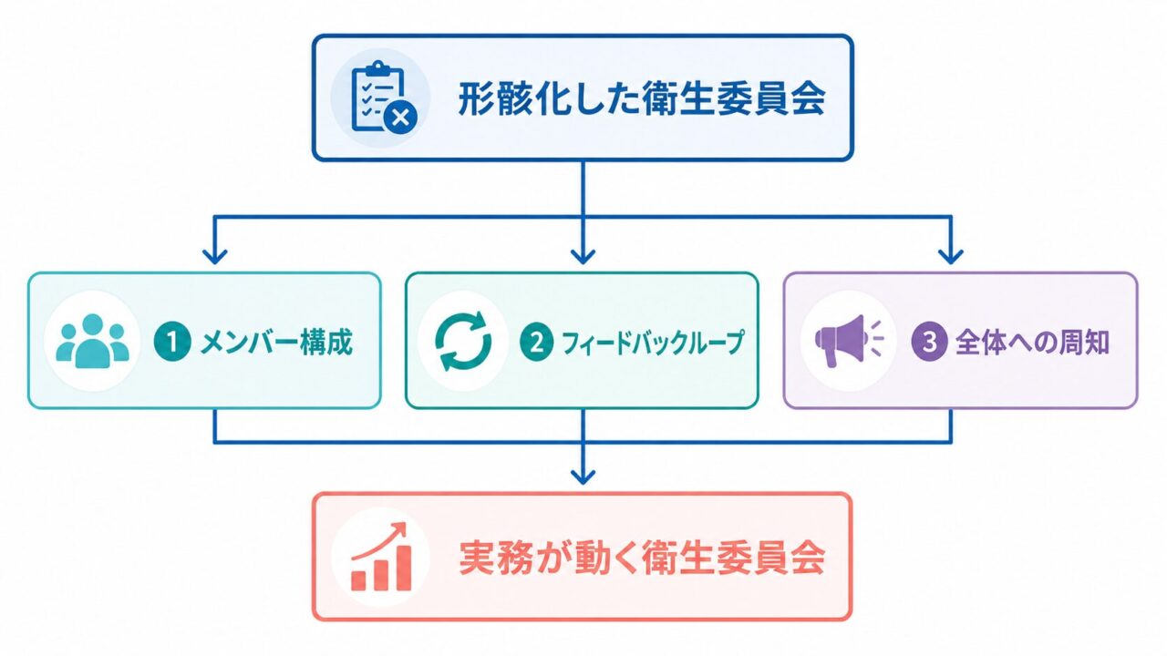 形骸化した衛生委員会から、実務が動く衛生委員会へ変えるための3要素を示した図。中央に「メンバー構成」「フィードバックループ」「全体への周知」の3項目が配置され、それぞれが改善のポイントとして矢印でつながっている。