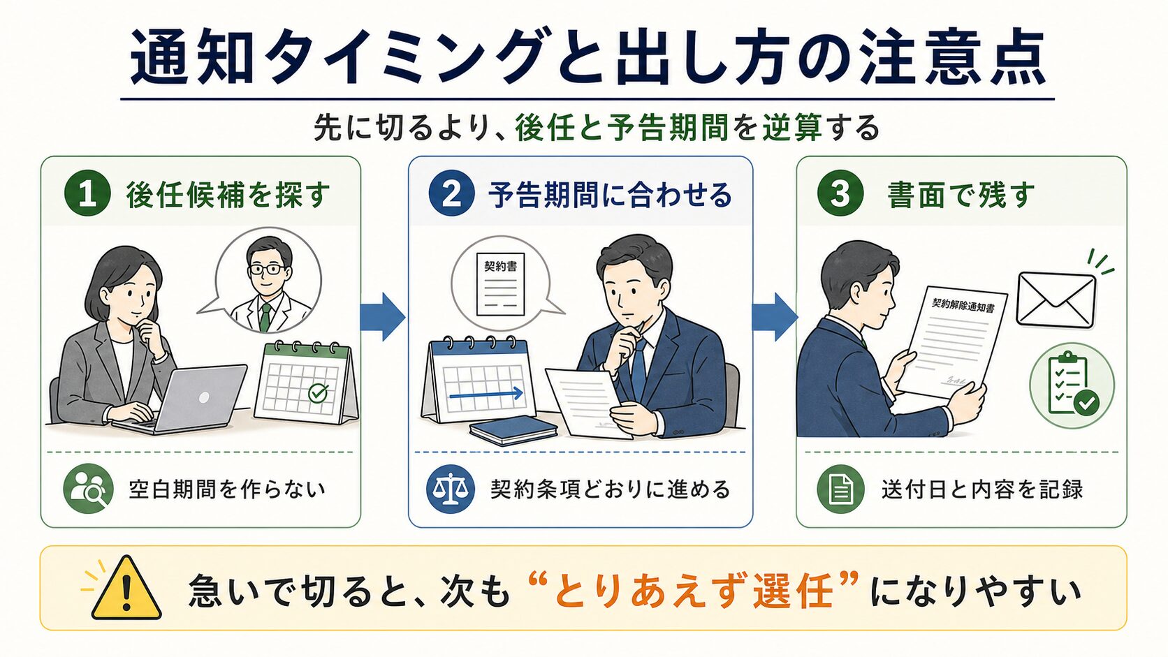 産業医契約解除通知のタイミングと出し方を、後任候補を探す、予告期間に合わせる、書面で残すの3ステップで示した図解。急いで解除すると次もとりあえず選任になりやすいことを説明している。