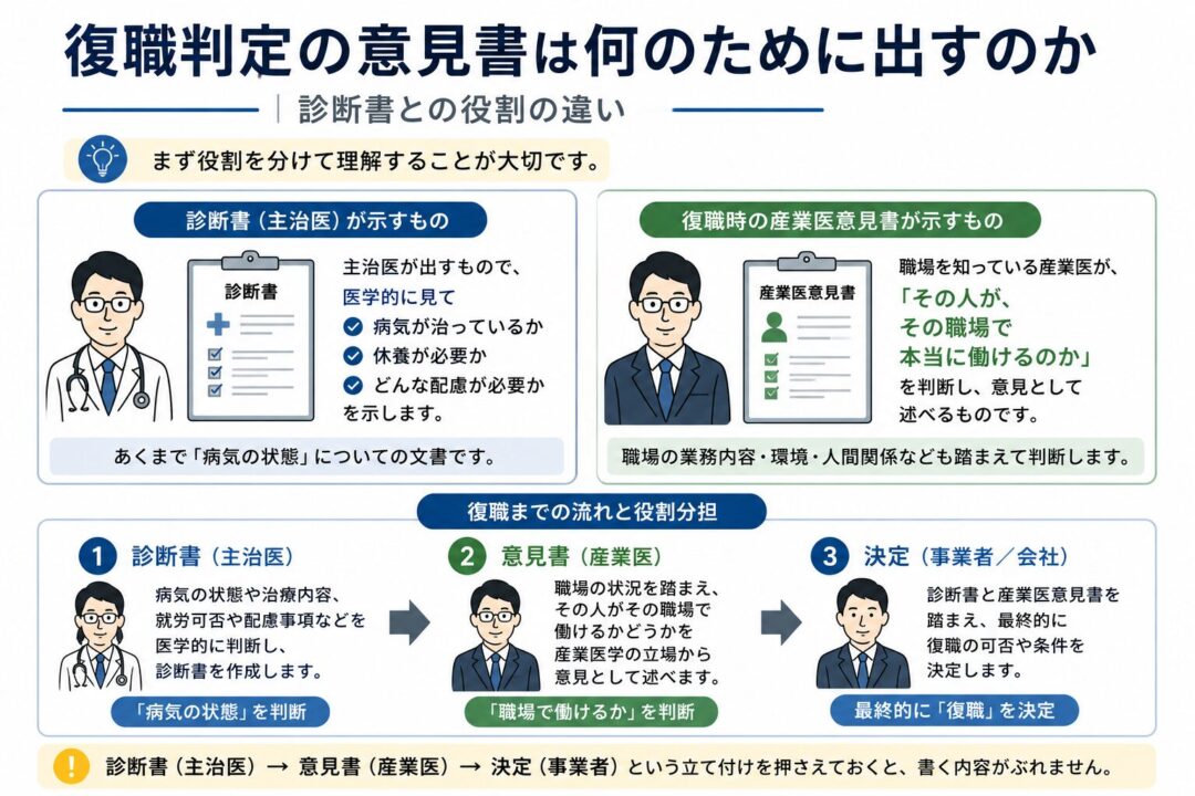 復職判定における診断書と産業医意見書の役割の違いを説明した図。診断書は主治医が病気の状態や必要な配慮を示す文書で、産業医意見書は職場を知る産業医がその職場で働けるかを判断して述べるもの。最終的な復職決定は事業者が行う流れを示している。