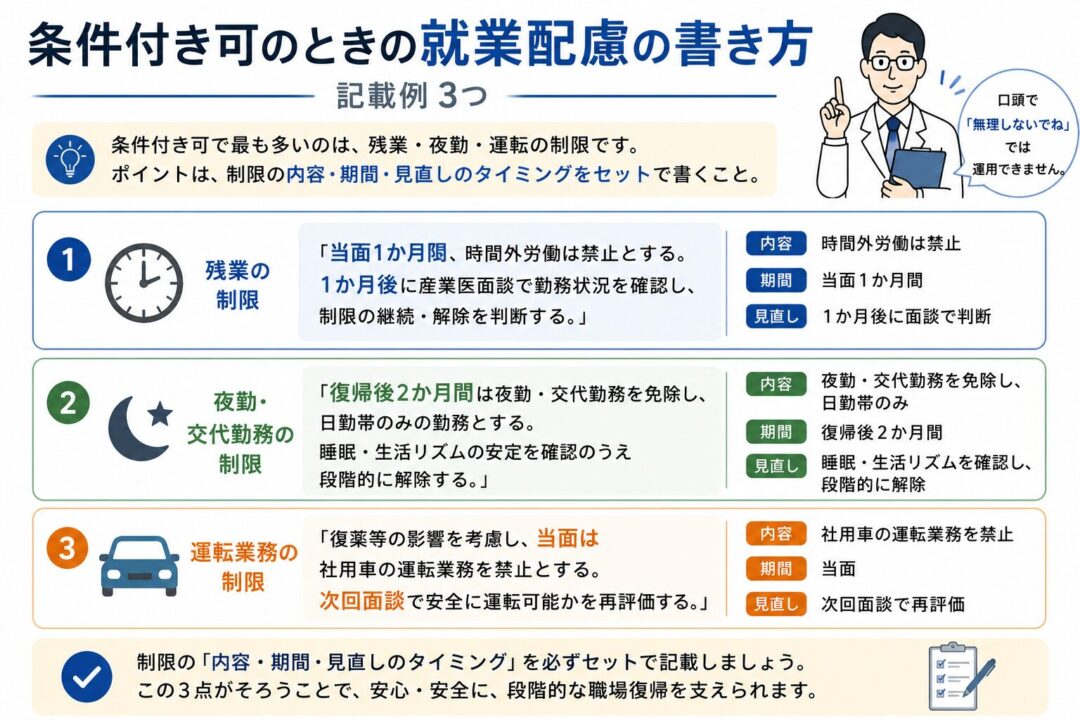復職判定で条件付き可とする場合の就業配慮の書き方を説明した図。残業、夜勤・交代勤務、運転業務の制限について、制限内容・期間・見直しのタイミングをセットで記載する重要性と、具体的な記載例を示している。