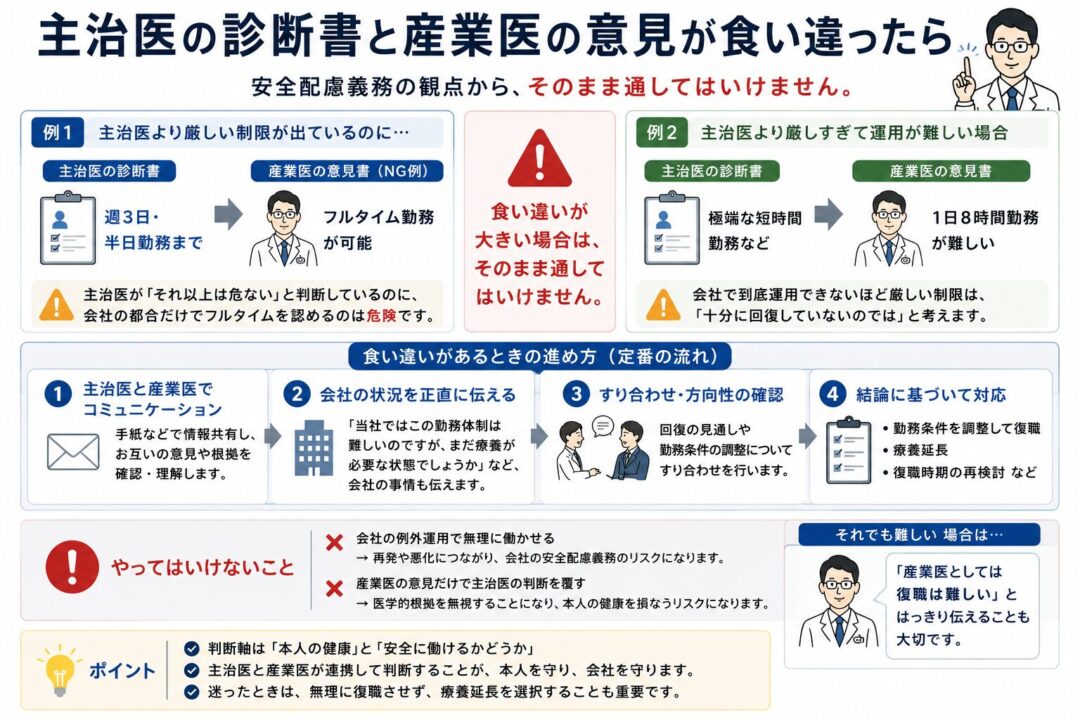 主治医の診断書と産業医の意見が食い違った場合の対応を説明した図。大きな食い違いはそのまま通さず、主治医と産業医で情報共有し、会社の勤務体制や本人の回復状況をすり合わせる必要があることを示している。会社都合で無理に働かせることや、産業医の意見だけで主治医判断を覆すことは避けるべきだと説明している。