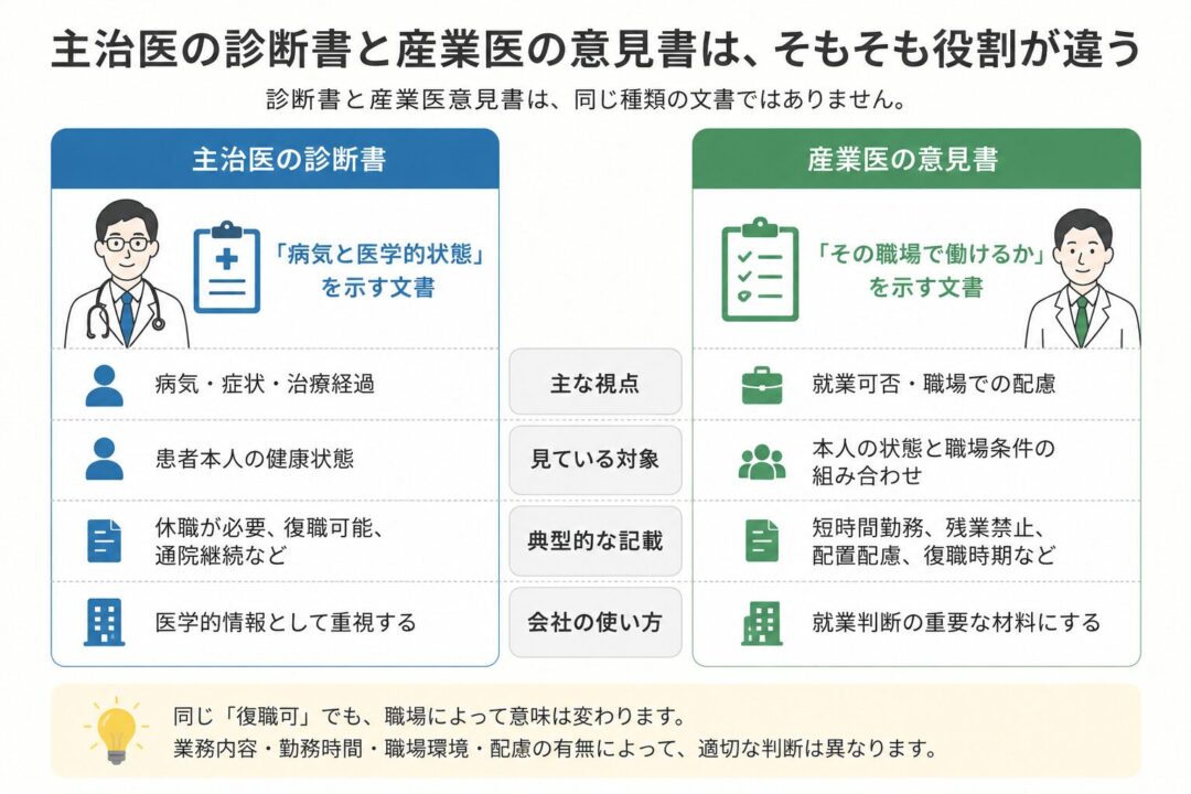 主治医の診断書と産業医の意見書の違いを比較した図。主治医の診断書は病気や症状、治療経過など医学的状態を示す文書で、産業医の意見書は本人の状態と職場条件を踏まえ、その職場で働けるかを示す文書。会社は診断書を医学的情報として重視し、産業医意見書を就業判断の重要な材料にする。