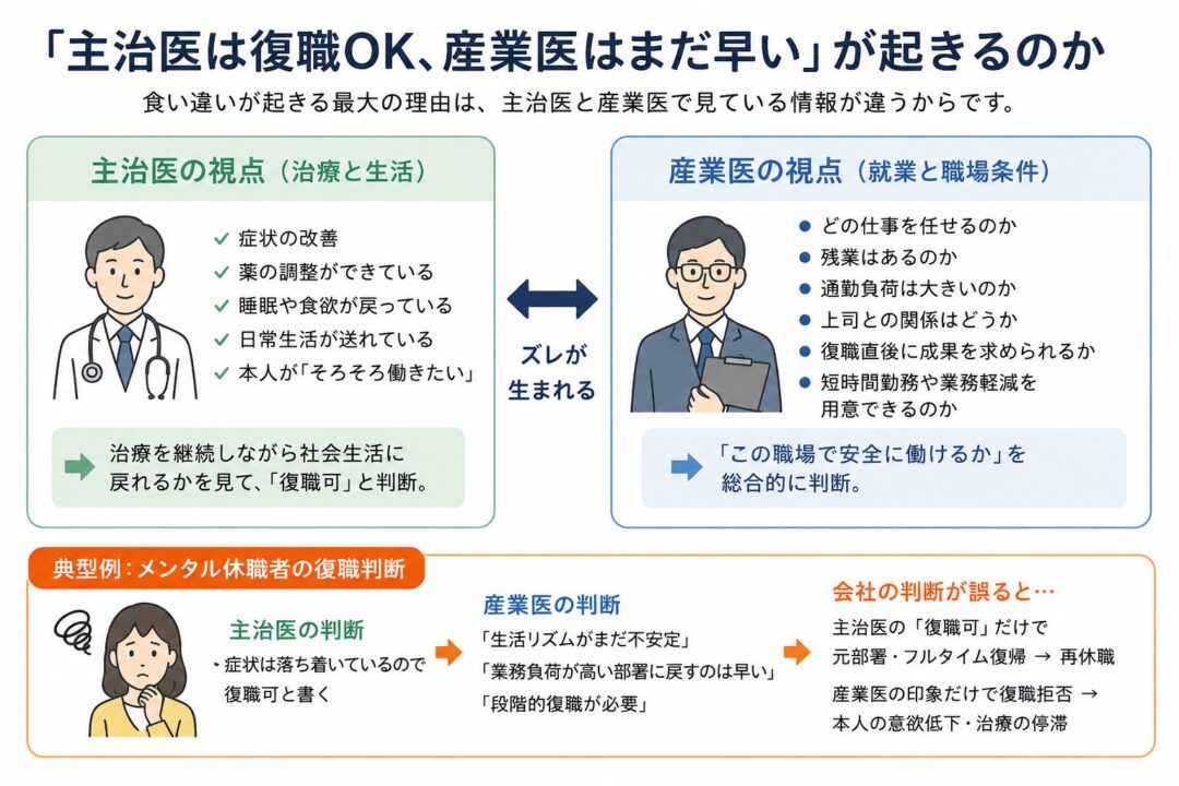 主治医は症状改善や生活状況を見て「復職可」と判断し、産業医は業務内容・残業・通勤負荷・職場環境を踏まえて「安全に働けるか」を判断するため、復職判断にズレが生じることを示した図。特にメンタル休職者では、主治医の復職可と産業医の慎重判断を会社が誤って扱うと、再休職や治療停滞につながる可能性がある。