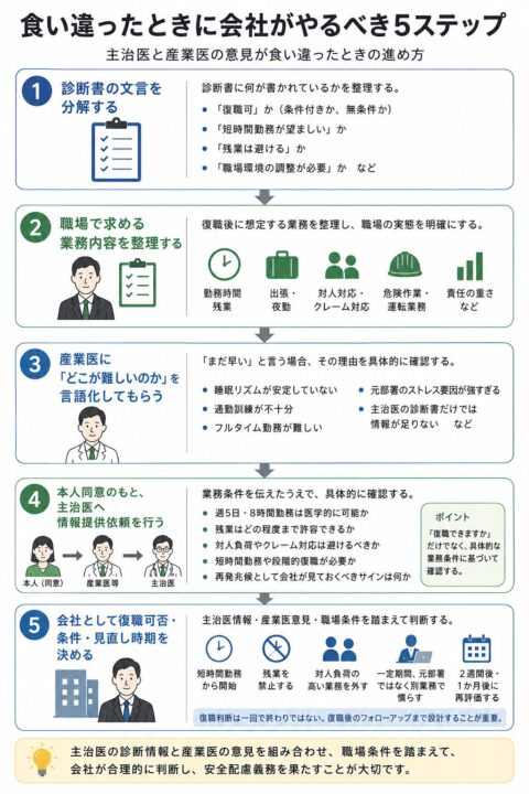 主治医と産業医の意見が食い違ったときに会社が行う5ステップを示した図。まず診断書の文言を分解し、次に復職後の業務内容を整理する。そのうえで産業医に難しい理由を言語化してもらい、本人同意のもと主治医へ具体的な情報提供依頼を行う。最後に主治医情報、産業医意見、職場条件を踏まえて、会社として復職可否、勤務条件、見直し時期を決める。