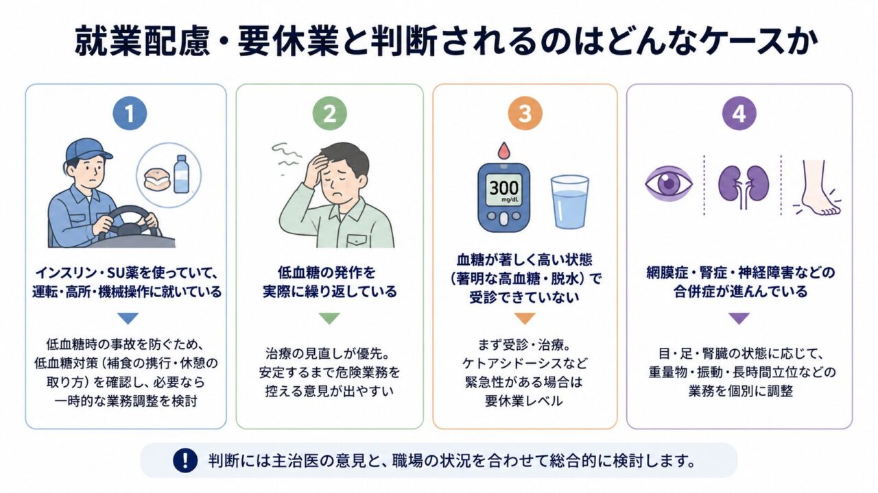糖尿病で就業配慮や休業が検討される4つのケースを示した図。低血糖リスクのある危険業務、低血糖発作の反復、著しい高血糖や脱水、網膜症・腎症・神経障害などの合併症がある場合に、業務調整や休業を個別に判断する。