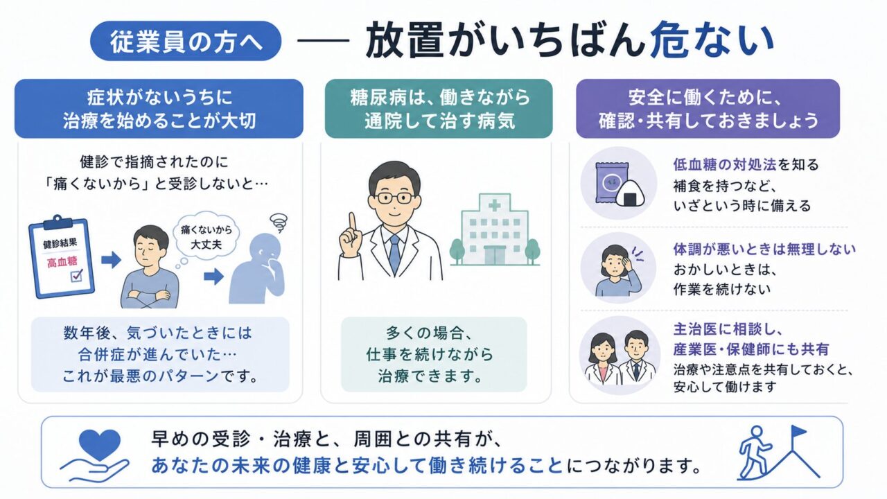 糖尿病は症状がないうちに受診・治療を始めることが大切だと示した図。健診で高血糖を指摘されたまま放置すると合併症が進む恐れがあり、働きながら通院し、低血糖時の対処や注意点を主治医・産業医・保健師と共有することを促している