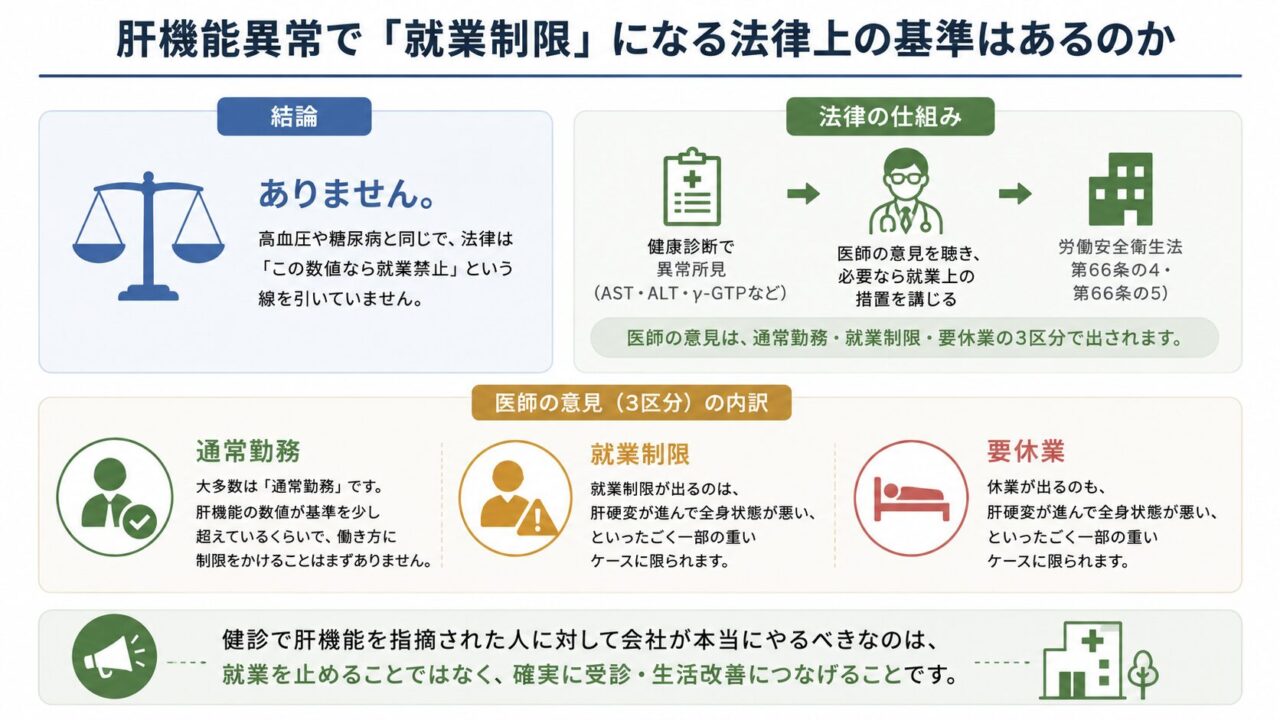 肝機能異常には一律の就業禁止基準はなく、健診結果と医師の意見をもとに「通常勤務・就業制限・要休業」を個別に判断する。大多数は通常勤務で、制限や休業は肝硬変などで全身状態が悪い重症例に限られる。会社には、就業を止めるより受診や生活改善につなげる対応が求められる。