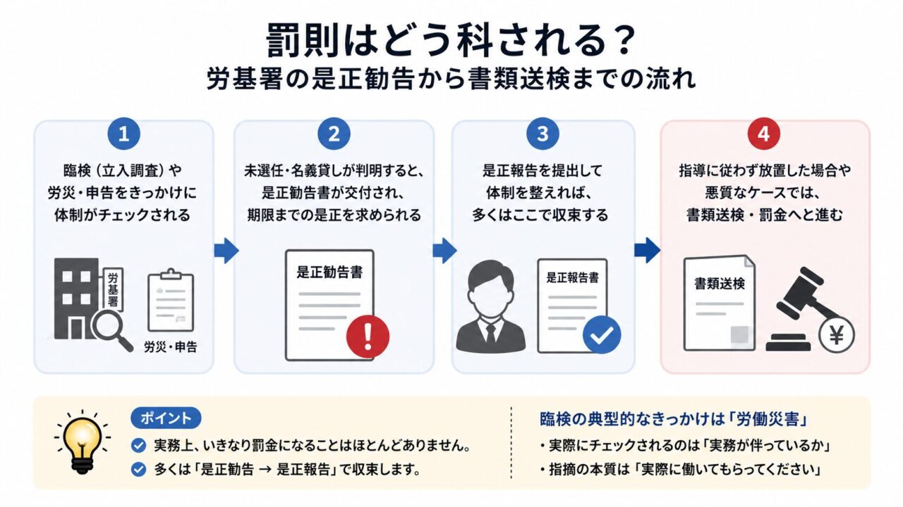 産業医の未選任や名義貸しが判明した場合、労基署の臨検や労災・申告をきっかけに体制確認が行われ、是正勧告、是正報告を経て、多くは収束する流れを示した図。指導に従わない悪質な場合は書類送検や罰金に進む可能性がある。