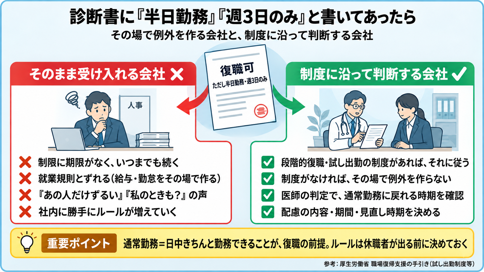 診断書に「復職可、ただし半日勤務・週3日のみ」と書かれていたとき、そのまま受け入れる会社(期限のない制限・就業規則とのずれ・不公平感・ルールの増殖)と、制度に沿って判断する会社(段階的復職の制度に従う・例外を作らない・医師の判定で通常勤務の時期を確認)を対比した図