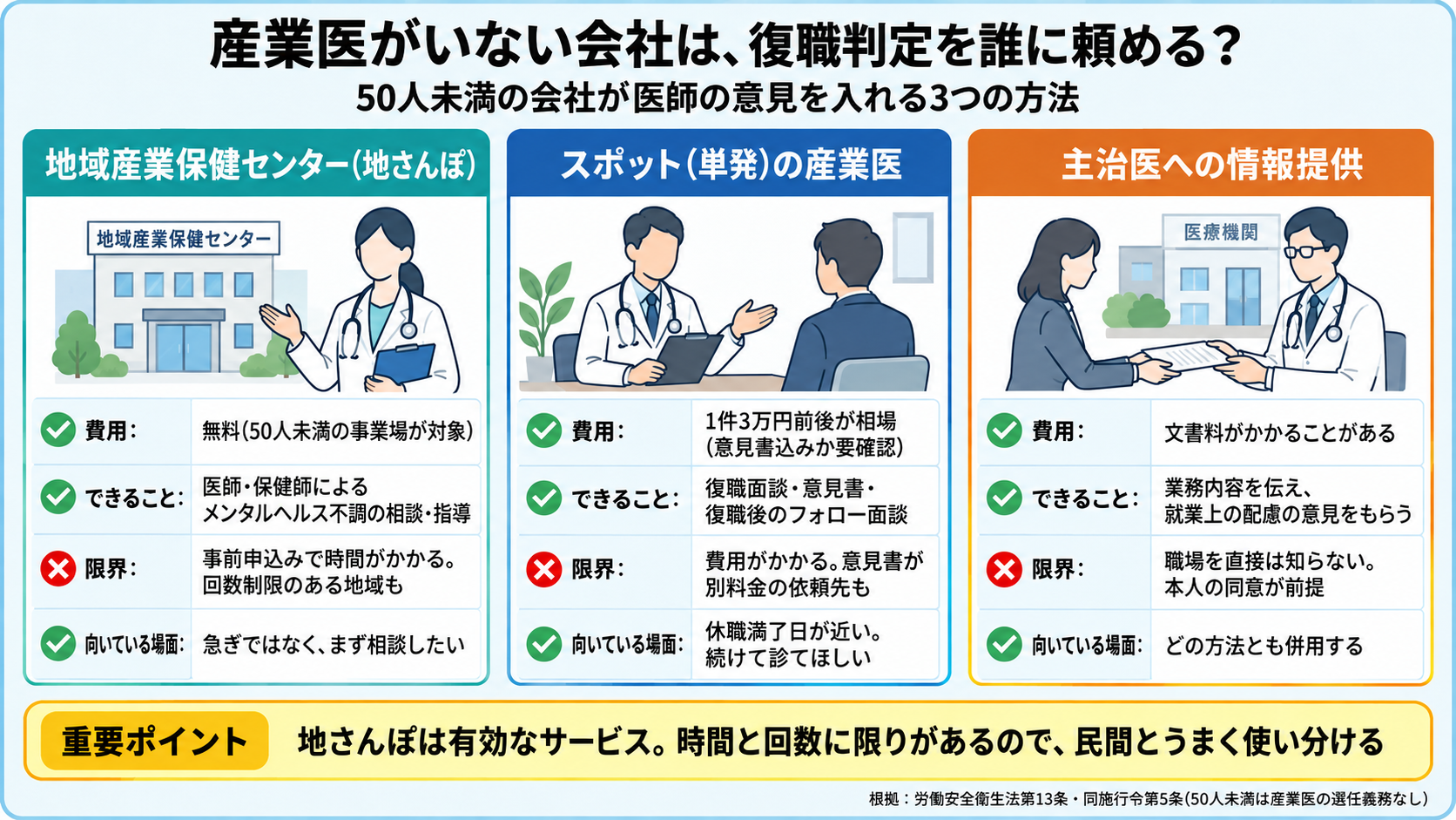 産業医がいない50人未満の会社が復職判定を頼める先として、地域産業保健センター(無料・時間と回数に限り)、スポットの産業医(1件3万円前後が相場)、主治医への情報提供の3つを、費用・できること・限界・向いている場面で比較した図