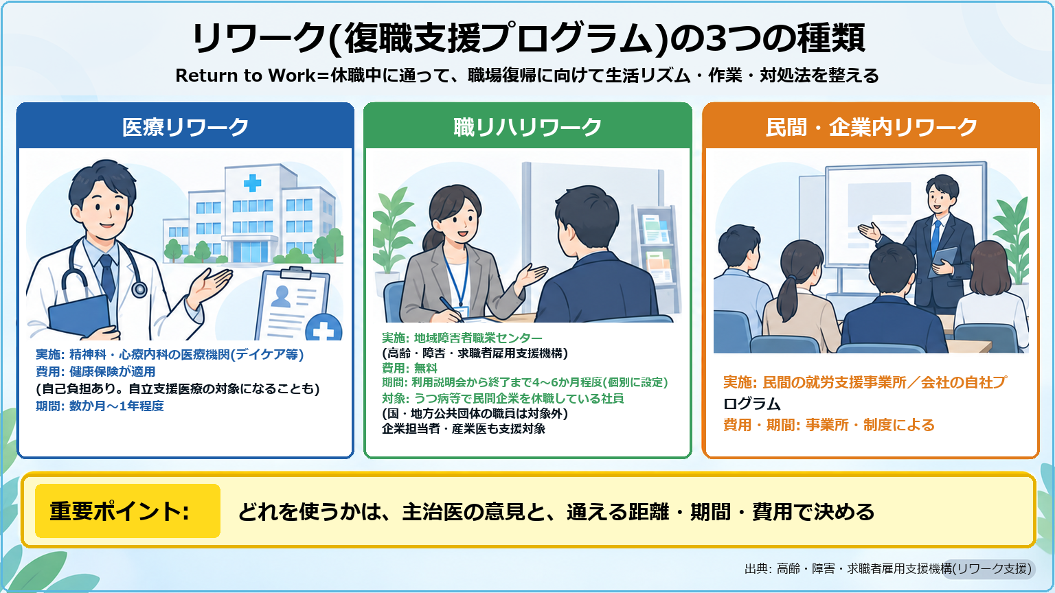 リワーク(復職支援プログラム)の3種類の比較図。医療リワーク: 精神科・心療内科の医療機関(デイケア等)、健康保険が適用(自己負担あり・自立支援医療の対象になることも)、数か月〜1年程度。職リハリワーク: 地域障害者職業センター(高齢・障害・求職者雇用支援機構)、無料、利用説明会から終了まで4〜6か月程度(個別に設定)、対象はうつ病等で民間企業を休職している社員(国・地方公共団体の職員は対象外)、企業担当者・産業医も支援対象。民間・企業内リワーク: 民間の就労支援事業所や会社の自社プログラム、費用・期間は事業所・制度による。重要ポイント: どれを使うかは主治医の意見と通える距離・期間・費用で決める。