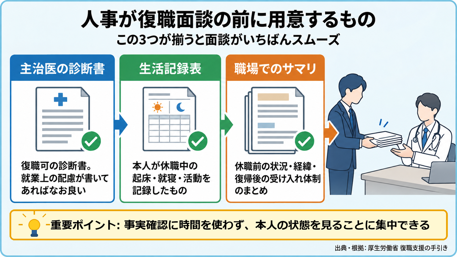人事が復職面談の前に用意する3つの図。①主治医の診断書、②生活記録表(本人が記入したもの)、③職場でのサマリ(休職前の状況・受け入れ体制のまとめ)。この3つが揃うと面談が一番スムーズ。