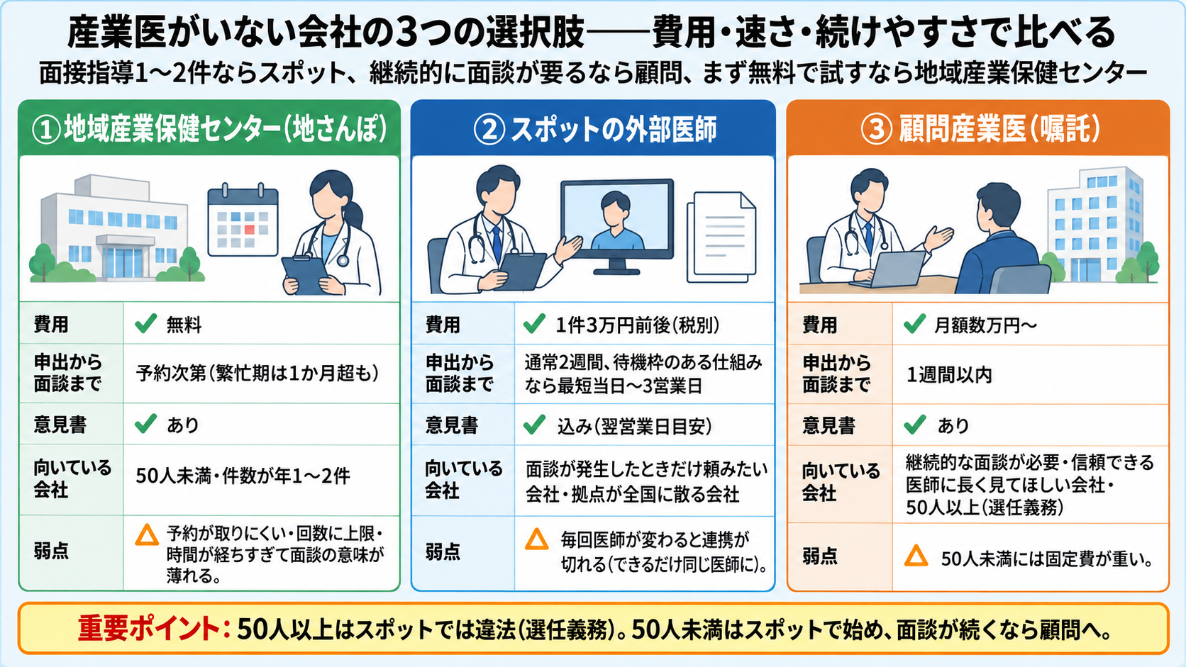 産業医がいない会社の3つの選択肢の比較。地域産業保健センターは無料だが予約次第で繁忙期は1か月超、回数に上限があり時間が経ちすぎて面談の意味が薄れる。スポットの外部医師は1件3万円前後(税別)で通常2週間、待機枠のある仕組みなら最短当日〜3営業日、意見書込みで翌営業日目安、毎回医師が変わると連携が切れる。顧問産業医は月額数万円〜で1週間以内、継続的な面談が必要な会社と50人以上に向くが50人未満には固定費が重い。50人以上はスポットでは違法