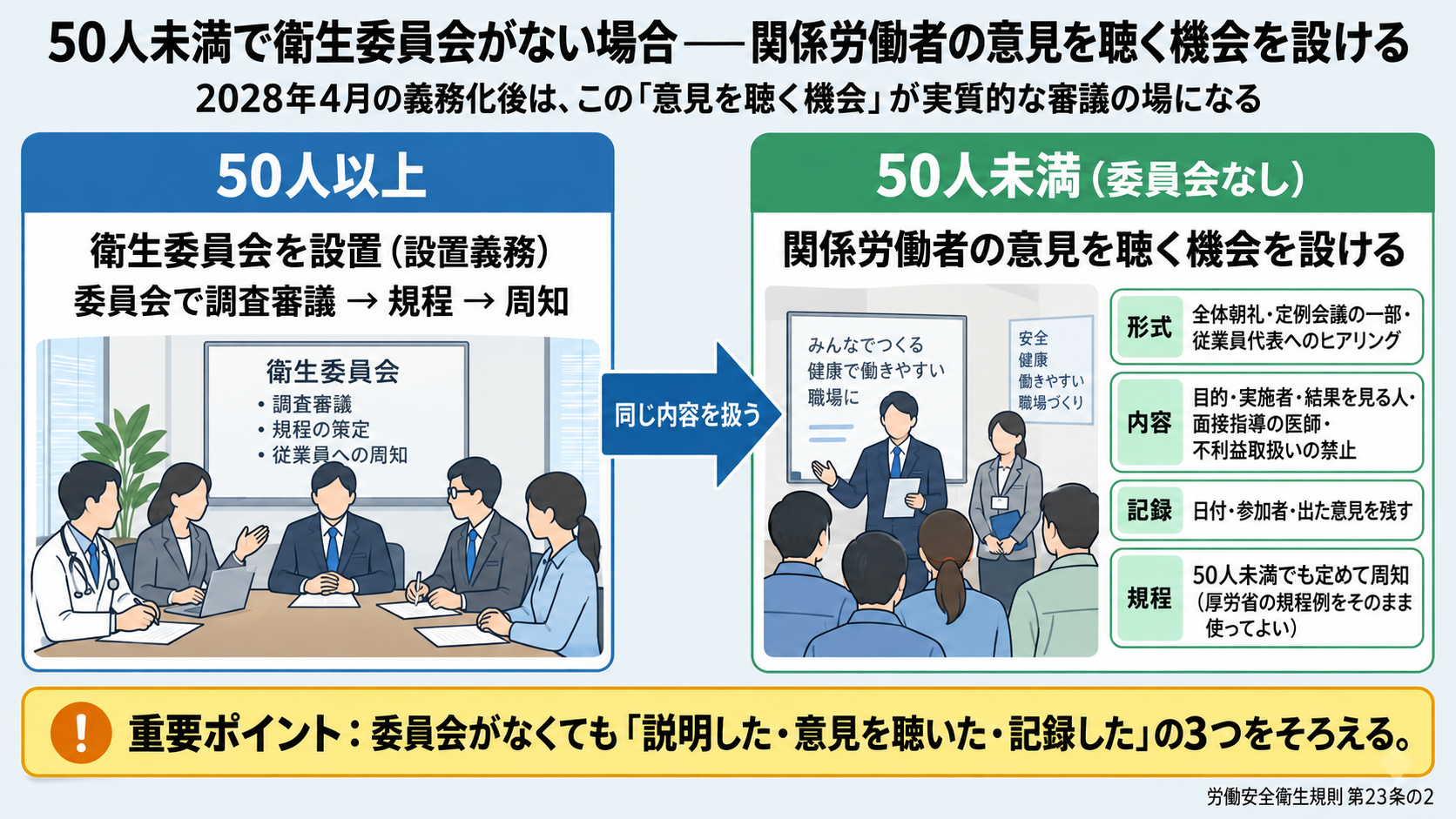 50人以上は衛生委員会を設置して調査審議→規程→周知。50人未満で委員会がない事業場は労働安全衛生規則23条の2により関係労働者の意見を聴く機会を設け、全体朝礼や定例会議・従業員代表へのヒアリングで目的・実施者・結果を見る人・面接指導の医師・不利益取扱いの禁止を説明し、日付・参加者・出た意見を記録し、規程も定めて周知する