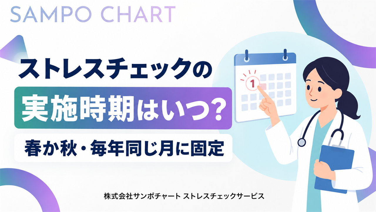 ストレスチェックの実施時期はいつ?春か秋・毎年同じ月に固定、と示したサンポチャートの記事サムネイル(カレンダーを指す産業医)