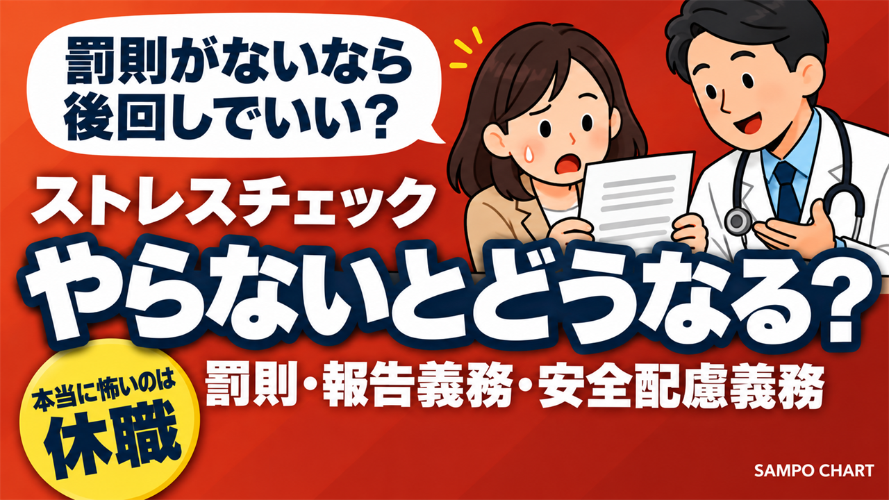 ストレスチェックをやらないとどうなるか(罰則・報告義務・安全配慮義務、本当に怖いのは休職)を解説する記事のサムネイル