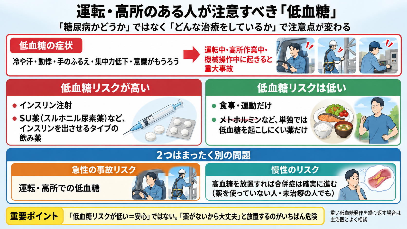 運転・高所作業のある人が注意すべき低血糖の図。インスリン注射やSU薬を使う人は低血糖リスクが高く、食事・運動だけやメトホルミンなどの人は低い。ただし急性の事故リスクと、高血糖の放置で進む合併症という慢性のリスクは別の問題だと示している。